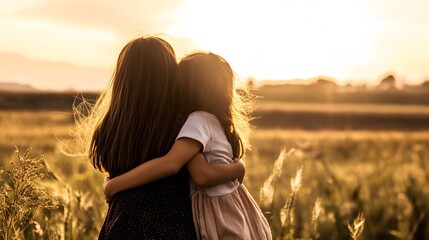 Two young girls embrace in a field at sunset.