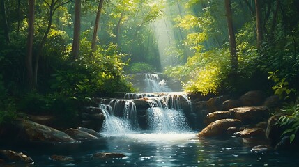 Canvas Print - Sunlight Dappling Through Lush Forest Waterfall