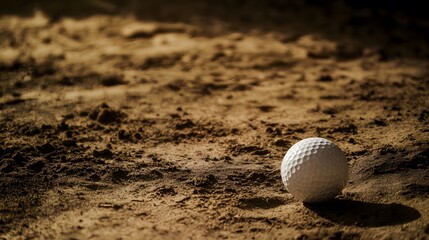 A white golf ball rests on the brown sand of a bunker.