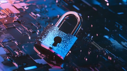 Sticker - A shiny silver padlock sits on a circuit board illuminated by blue and purple lights.