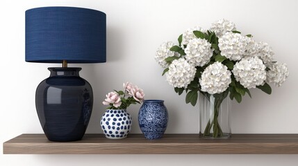 Blue Table Lamp  Hydrangea Flowers  and Decorative Vases on Shelf