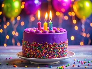 Vibrant purple birthday cake adorned with colorful sprinkles, surrounded by festive candles, and topped with a sparkling lit candle, exuding joy and celebration atmosphere.