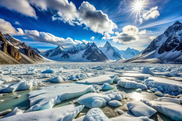 Wall Mural - breathtaking view of vast expanse of snow and ice fragments scattered across serene landscape, surrounded by majestic mountains under bright blue sky