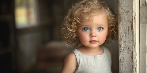 Wall Mural - A beautiful toddler girl with big blue eyes and blonde curly hair, wearing a light gray dress, standing in a doorway, generative AI