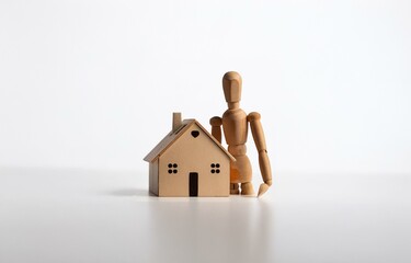 A wooden figurine stands beside a miniature house on a white surface.