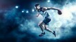 © Felippe Lopes - A male basketball player in a white jersey and blue shorts runs with the ball, smoke and stage lights behind him.