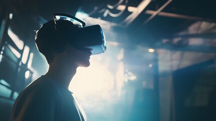 Sticker - Young man wearing VR headset in a futuristic setting.