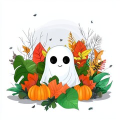 Wall Mural - Charming Watercolor Ghost Surrounded by Autumn Foliage