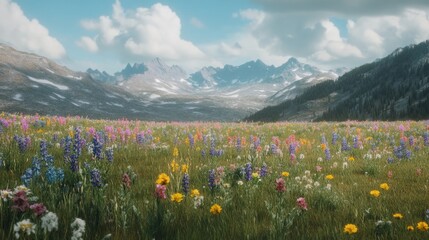 Sticker - Vibrant Meadow with Scenic Mountain Background