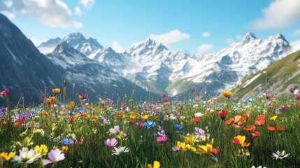 Sticker - Vibrant Wildflowers in Serene Mountain Landscape