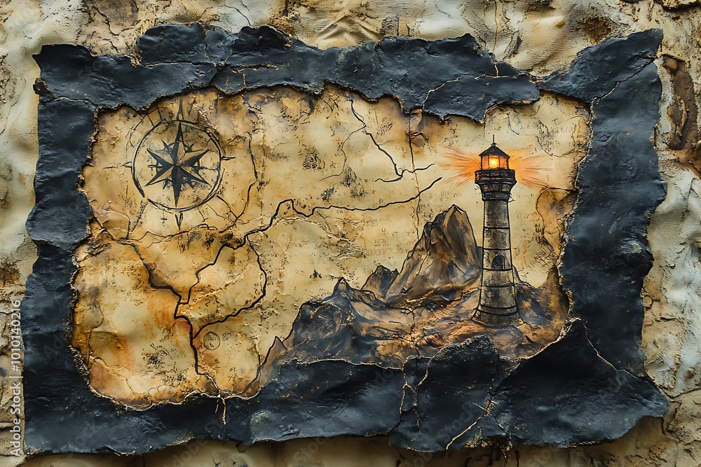 Old paper treasure map with lighthouse and compass illustration Stock ...