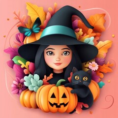 Canvas Print - Retro Witch with Black Hat in Autumn Vibes