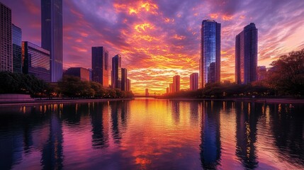 Sticker - Stunning Sunset Over Urban Skyline Reflected in Water