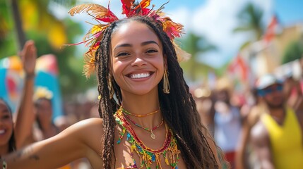 Young black woman wearing colorful costume is enjoying a festive parade in tropical location