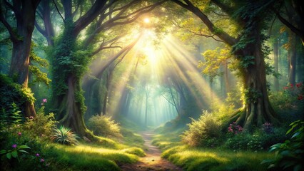 Enchanting forest opening with heavenly light