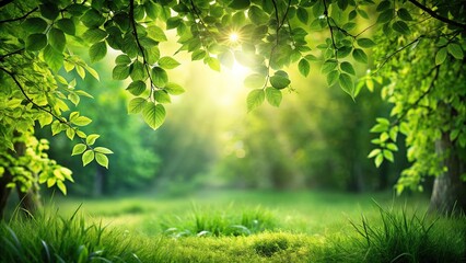 Enchanting garden scene with lush green leaves in summer sunlight, minimalist style