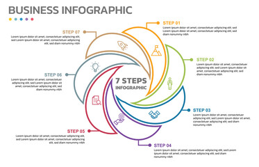 Poster - Visual data presentation. Cycle diagram with 7 options. Pie Chart Circle thin line Infographic template with 7 steps, options, parts, segments. Business concept. Marketing Infographic outline style.