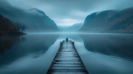 Wall Mural - Runner's reflection in a serene lake at dawn, mountains in the background, perfect symmetry, 16:9 aspect ratio, hyper-realistic water details, atmospheric haze, vivid color palette, 16:9 aspect ratio,