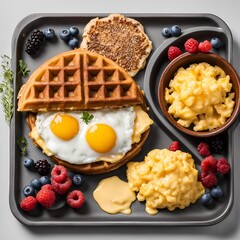 Wall Mural - Breakfast platter with breakfast patty oat waffle scrambled eggs shredded cheese berries and maple syrup
