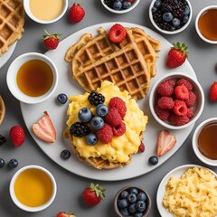 Wall Mural - Breakfast platter with breakfast patty oat waffle scrambled eggs shredded cheese berries and maple syrup
