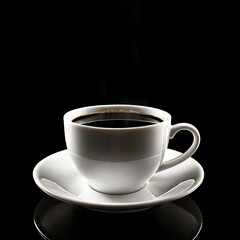 White ceramic coffee cup filled with black coffee,  black background