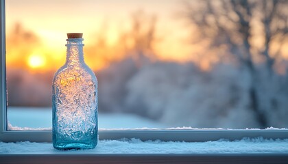 Aufkleber - Frosted Glass Bottle with Intricate Ice Patterns on Snowy Windowsill
