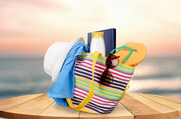 Wall Mural - Stylish bag with set of beach accessories .