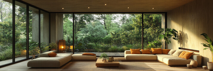 Wall Mural - Modern living room with large windows overlooking a lush garden.