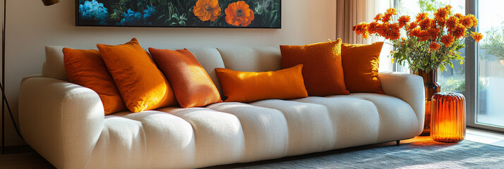 Canvas Print - White sofa with orange pillows in a modern living room