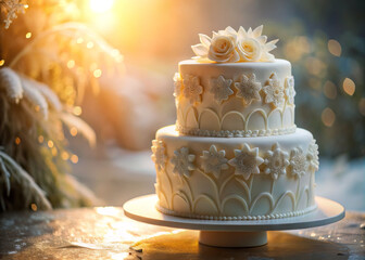 stunning two tiered white cake adorned with intricate icing patterns and delicate floral decorations, illuminated by warm sunlight, creating dreamy atmosphere