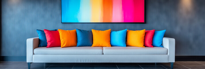 Wall Mural - White sofa with colorful pillows in a modern living room.