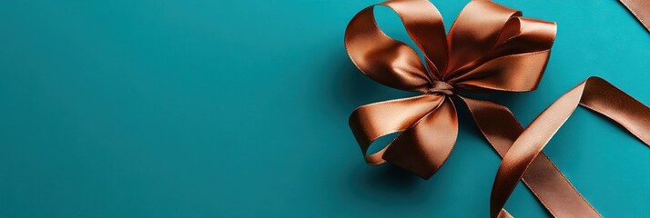 copper ribbon on turquoise background, gift wrap concept