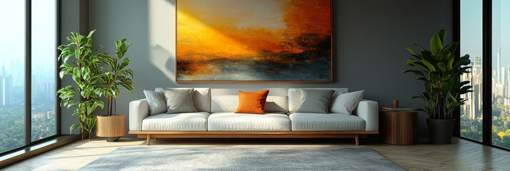 Sticker - Modern living room with a white sofa, a large painting, and large windows overlooking a city.