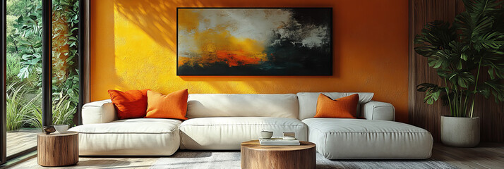 Sticker - Modern living room with white sofa, orange throw pillows, and a large abstract painting.