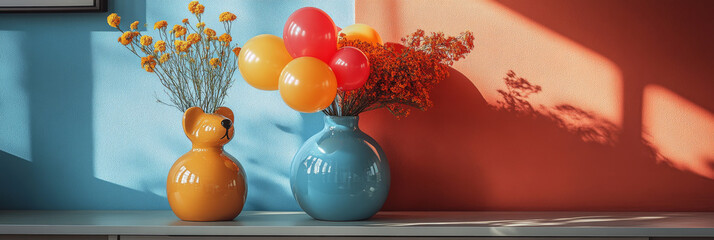 Wall Mural - Colorful balloons and flowers in vases against a blue and orange wall.