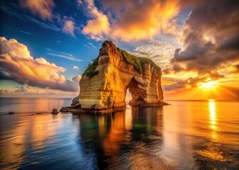 Serenely suspended above a tranquil ocean, a massive ancient rock formation floats mysteriously, its rugged surface glowing golden in the warm light of dawn.