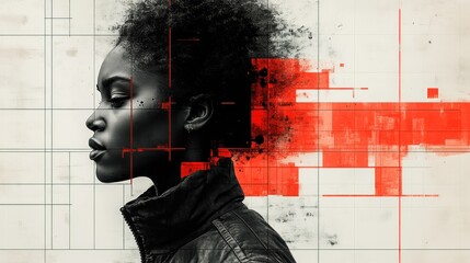 Canvas Print - Profile of a woman with abstract digital elements in the background.