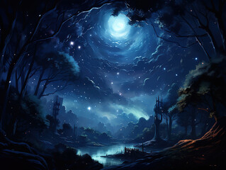 Wall Mural - outstanding magical dark fairy tale forest at night with glowing lights and fog