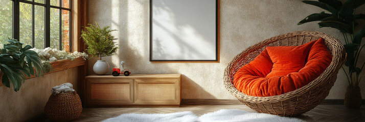 Poster - Cozy living room with a wicker chair and a large framed picture.