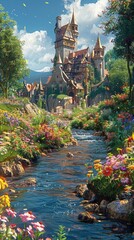 Poster - A picturesque landscape featuring a gentle stream flowing through vibrant flower-covered meadows