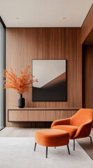 Sticker - Orange armchair and ottoman in a modern living room.