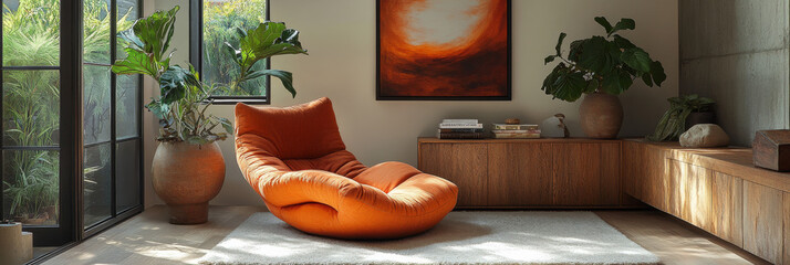 Canvas Print - Orange armchair in a modern living room with a large window.