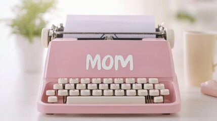 A pink typewriter with the word Mom written on it