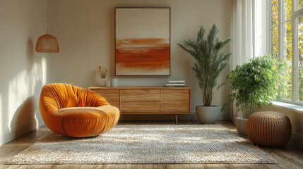 Sticker - A cozy living room with an orange armchair and a large window