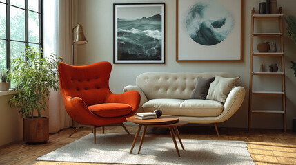 Wall Mural - A modern living room with a red armchair, a white couch, and a wooden coffee table.