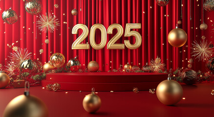 Poster - 2025 golden text hanging on red curtain with christmas decoration for new year concept