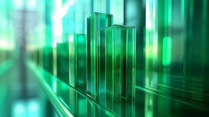 Leinwandbilder - Three green glass cubes are standing on a glass surface in a room with green lighting