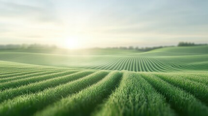 Wall Mural - a field of green grass with a sun in the sky