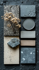 Canvas Print - Flatlay of stone and dried flowers on a dark surface.