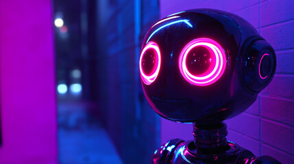 Poster - Futuristic robot looking forward in a neon lit alleyway